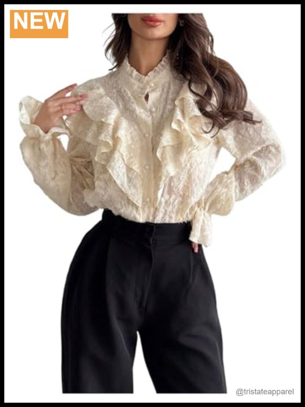 Victorian Lace Ruffle Button Down Blouse Long Sleeve Mock Neck Sheer